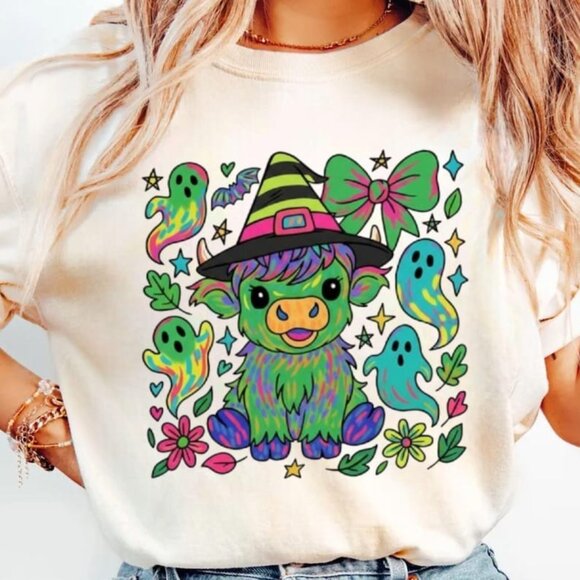 Tops - Cute Halloween Cow Witch Shirt, Colorful Witch Cow Halloween Tee